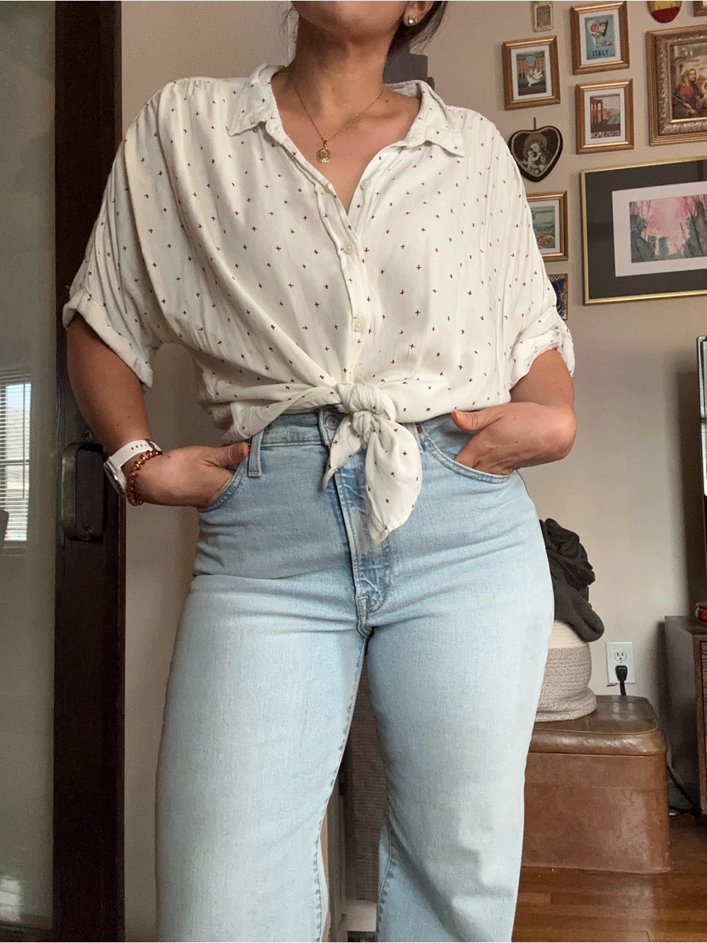 Universal Thread Oversize Cream Blouse with Small Red Cross Print